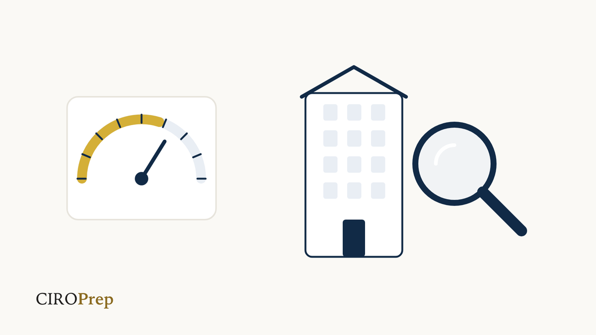 An economic gauge and a company building under a magnifying glass