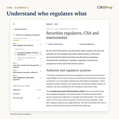 Lesson 1.1 in CIROPrep Academy, on securities regulators and the CSA, with the lesson sidebar.
