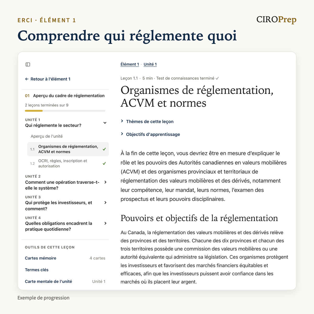 La leçon 1.1 dans CIROPrep Academy, sur les organismes de réglementation et les ACVM, avec le menu de la leçon.