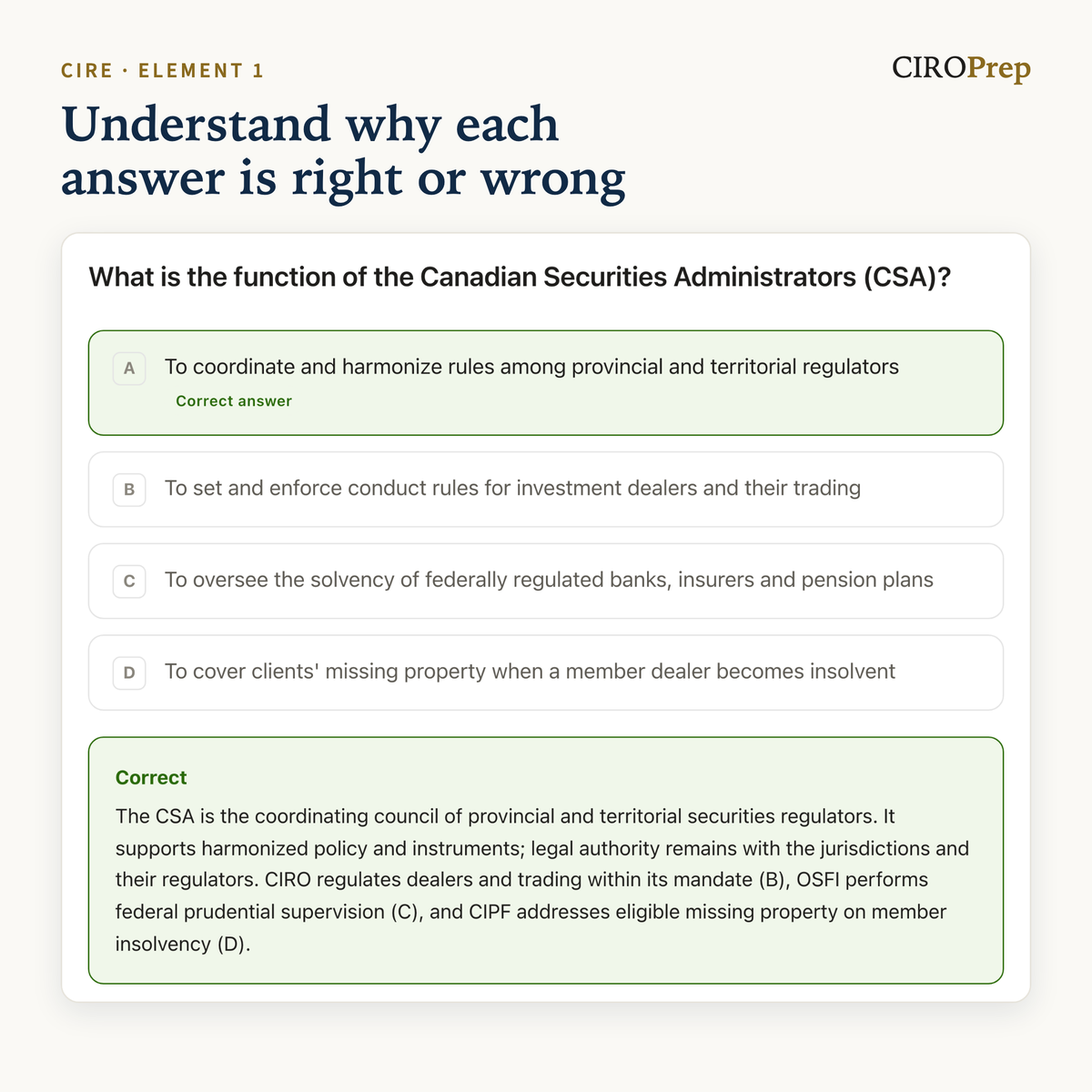 A practice question on the CSA’s function, answered, with the explanation of each choice.