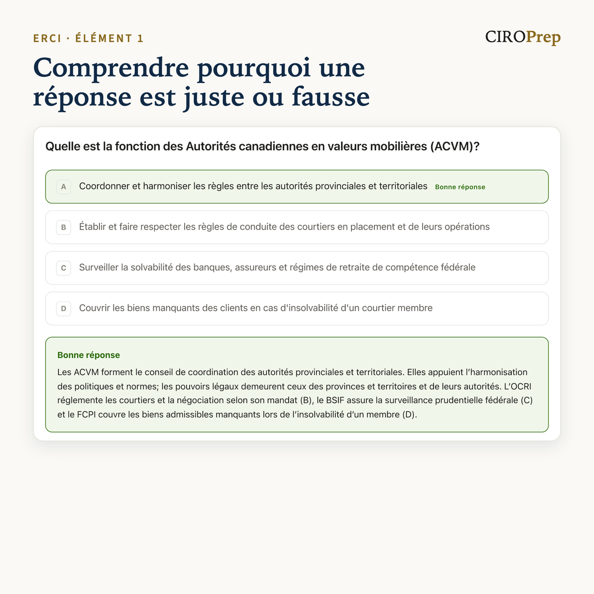 Une question d’entraînement sur la fonction des ACVM, répondue, avec l’explication de chaque choix.