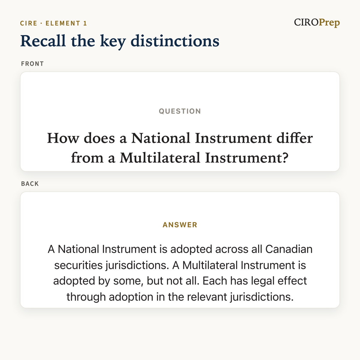 A flashcard comparing National and Multilateral Instruments, front and back.