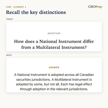 A flashcard comparing National and Multilateral Instruments, front and back.