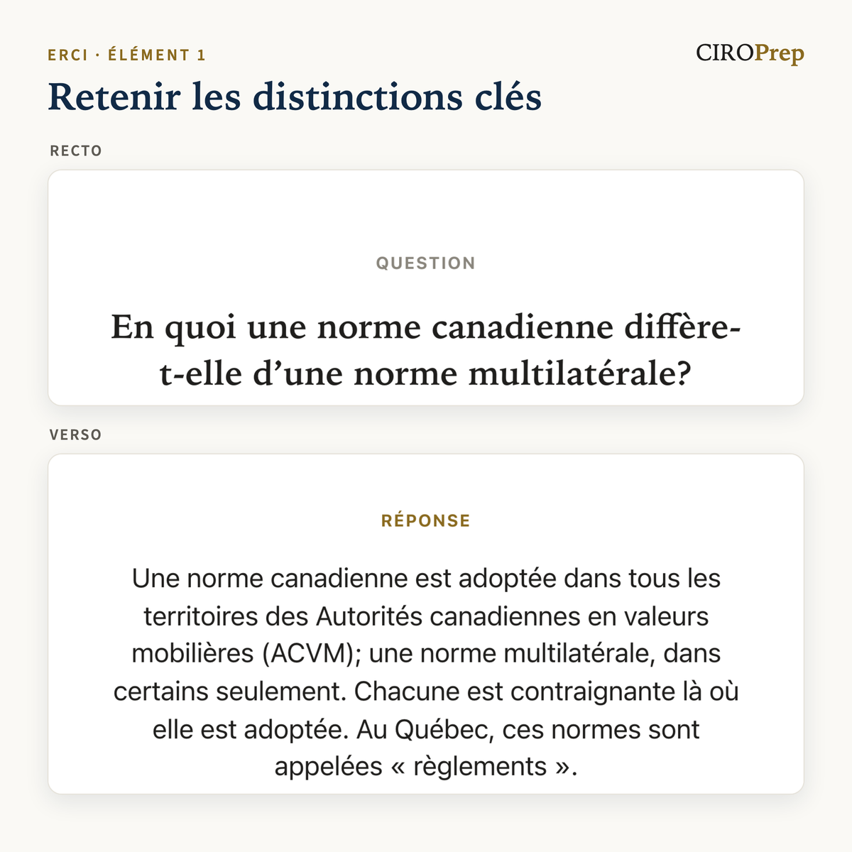 Une carte mémoire comparant les normes canadiennes et les normes multilatérales, recto et verso.
