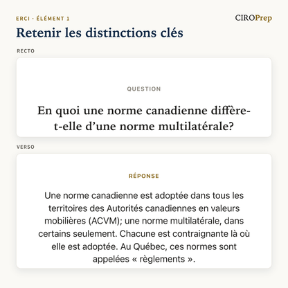 Une carte mémoire comparant les normes canadiennes et les normes multilatérales, recto et verso.