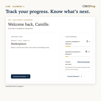 The Element 1 Home in CIROPrep Academy: the next lesson and example learner progress.