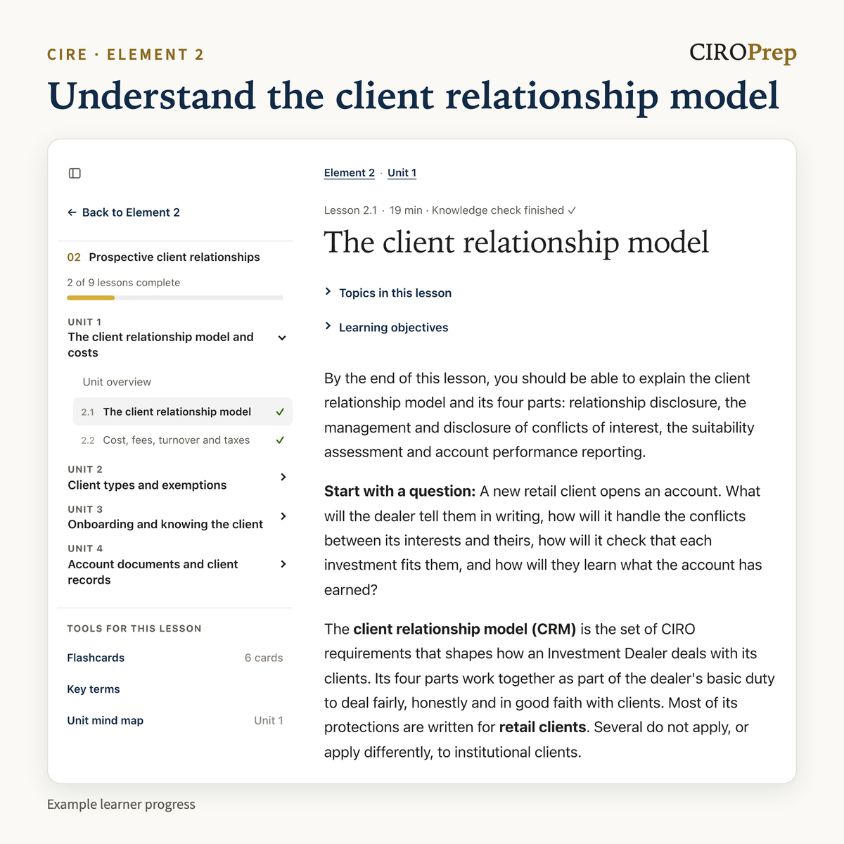Lesson 2.1 in CIROPrep Academy, on the client relationship model, with the lesson sidebar.