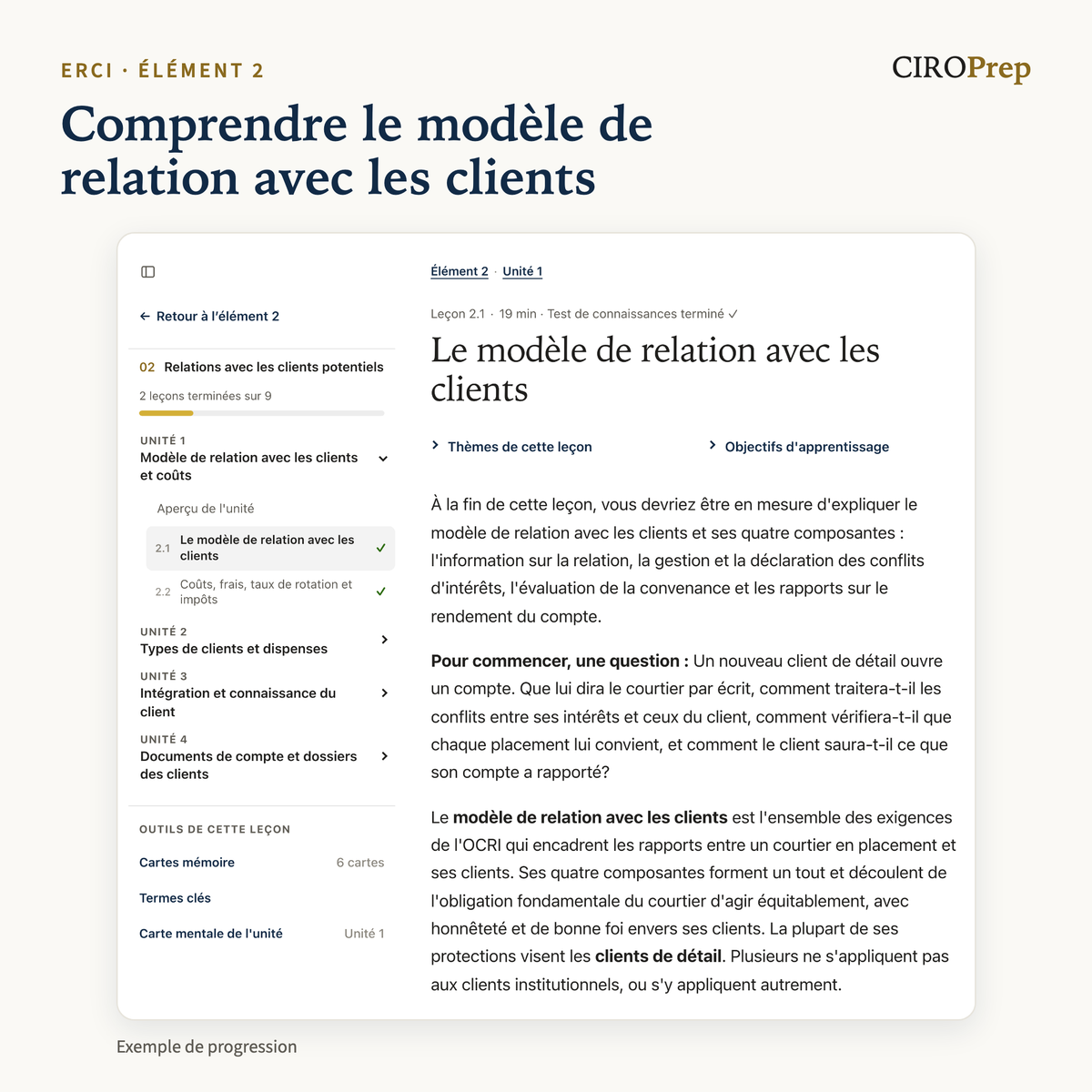 La leçon 2.1 dans CIROPrep Academy, sur le modèle de relation avec les clients, avec le menu de la leçon.