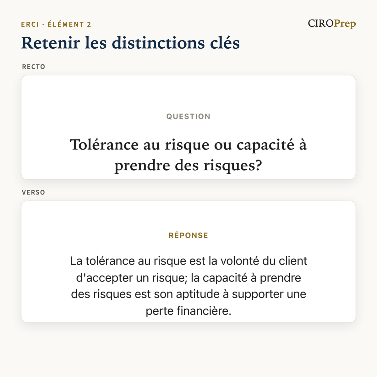 Une carte mémoire comparant la tolérance au risque et la capacité à prendre des risques, recto et verso.