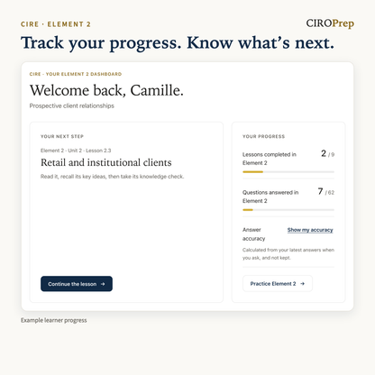 The Element 2 Home in CIROPrep Academy: the next lesson and example learner progress.