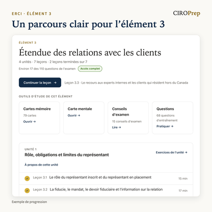 L’aperçu de l’élément 3 dans CIROPrep Academy : unités, leçons et outils d’étude, avec un exemple de progression.