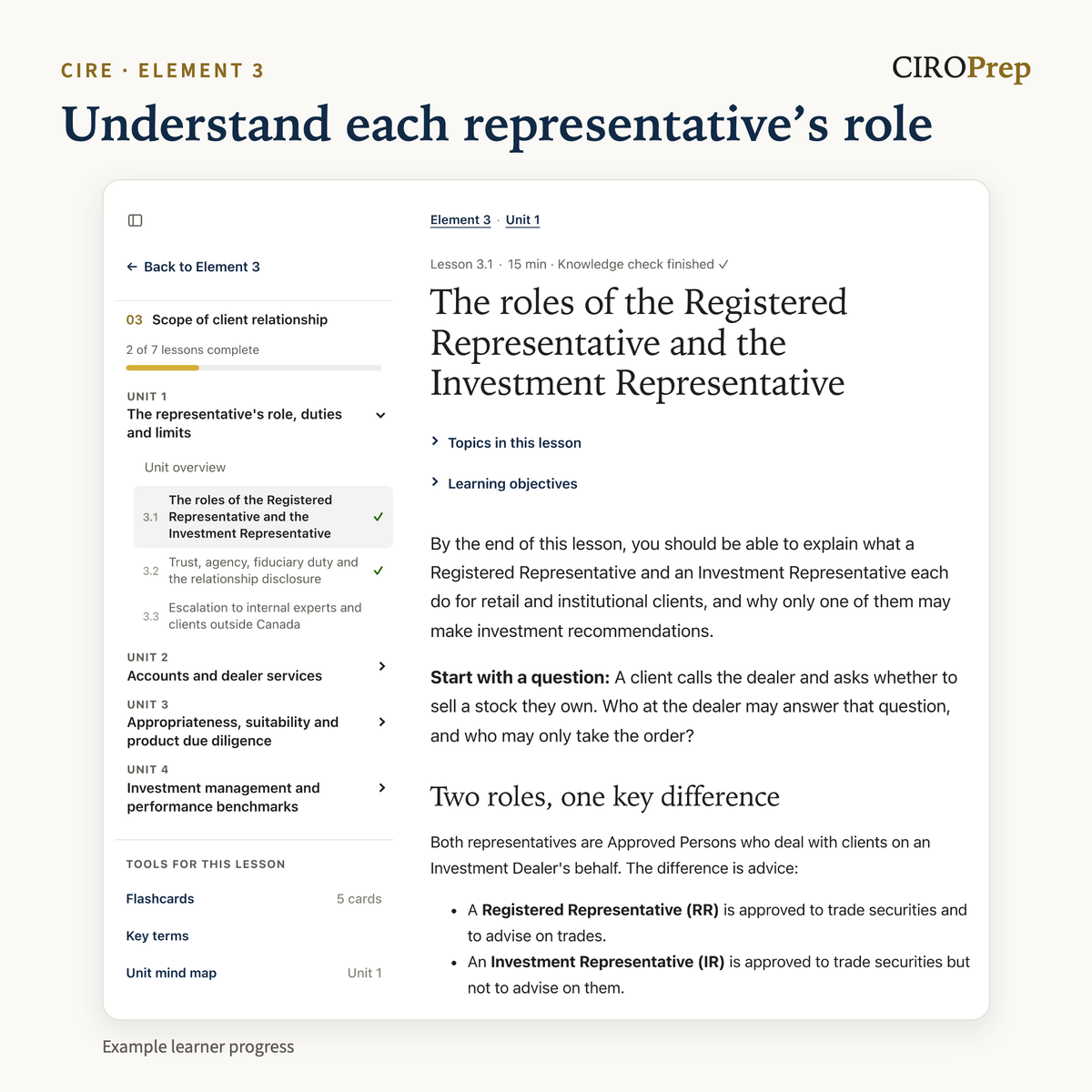 Lesson 3.1 in CIROPrep Academy, on the roles of the Registered Representative and the Investment Representative, with the lesson sidebar.