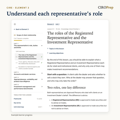 Lesson 3.1 in CIROPrep Academy, on the roles of the Registered Representative and the Investment Representative, with the lesson sidebar.