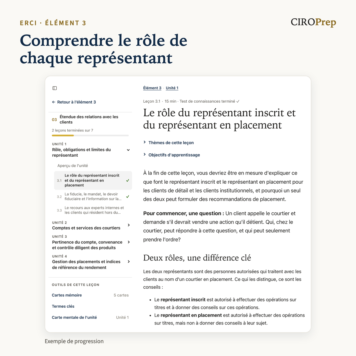 La leçon 3.1 dans CIROPrep Academy, sur le rôle du représentant inscrit et du représentant en placement, avec le menu de la leçon.
