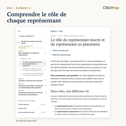 La leçon 3.1 dans CIROPrep Academy, sur le rôle du représentant inscrit et du représentant en placement, avec le menu de la leçon.