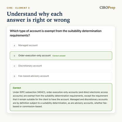 A practice question on the account type exempt from suitability determination, answered, with the explanation of each choice.