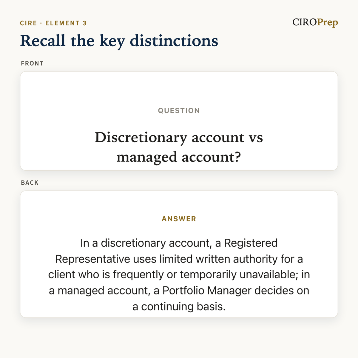 A flashcard comparing discretionary and managed accounts, front and back.