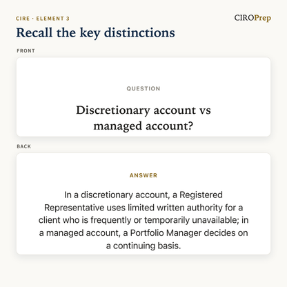 A flashcard comparing discretionary and managed accounts, front and back.