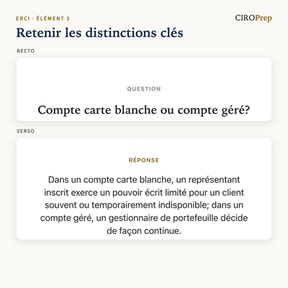 Une carte mémoire comparant le compte carte blanche et le compte géré, recto et verso.